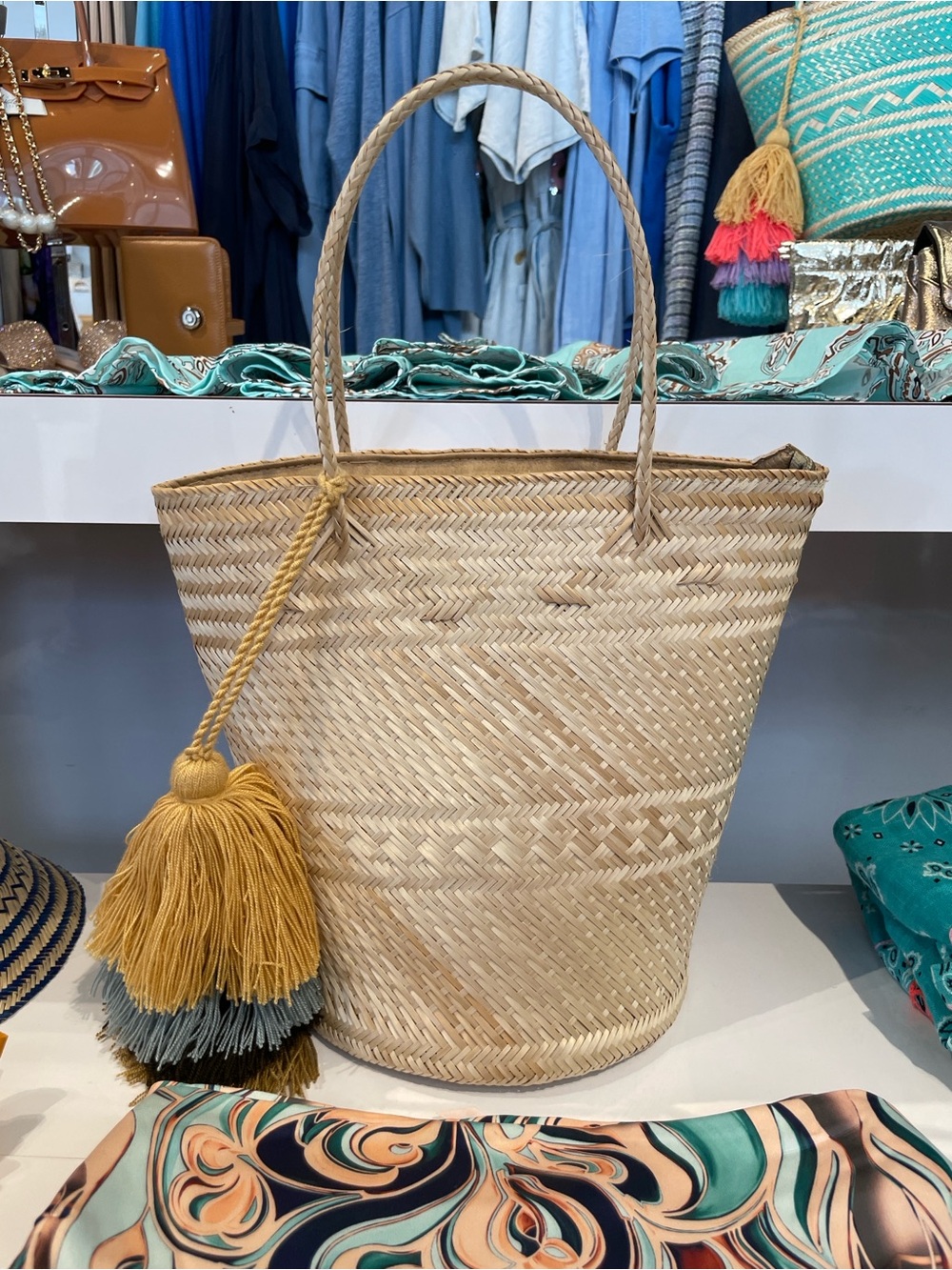 Allure Natural Straw Tote with Mustard and Gray Tassel